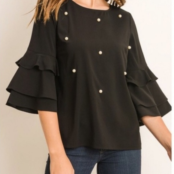 Last 1🌷Black pearl detail ruffle sleeved top - Picture 4 of 8